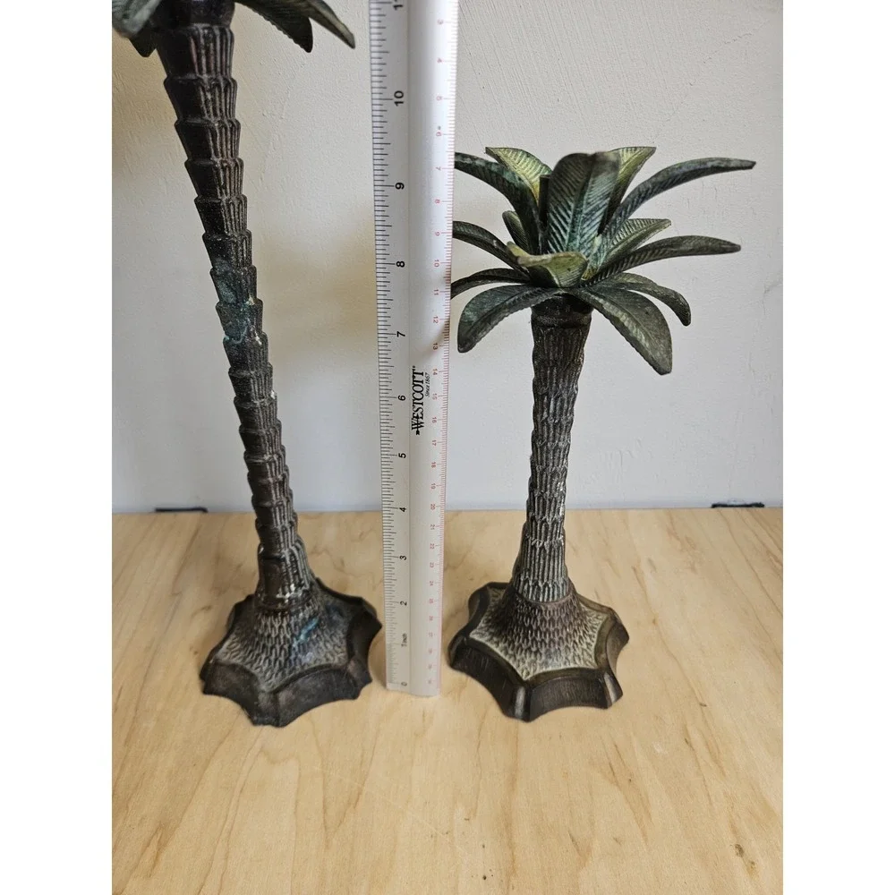 Vintage Metal Palm Tree Candle Holders Set of 2 Tropical Coastal Tiki Decor